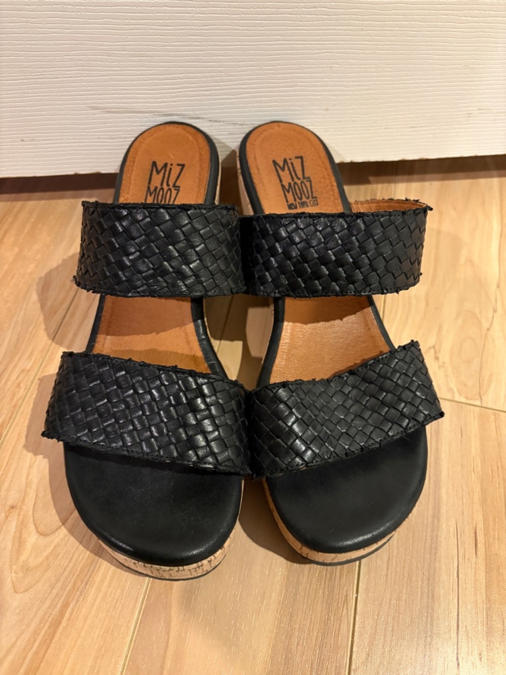 Miz Mooz Black Woven Double-Strap Slide Sandals